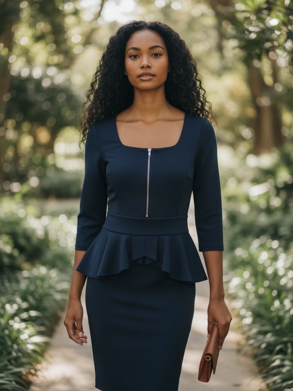 Miusol Navy Peplum Midi Dress with Square Neck
